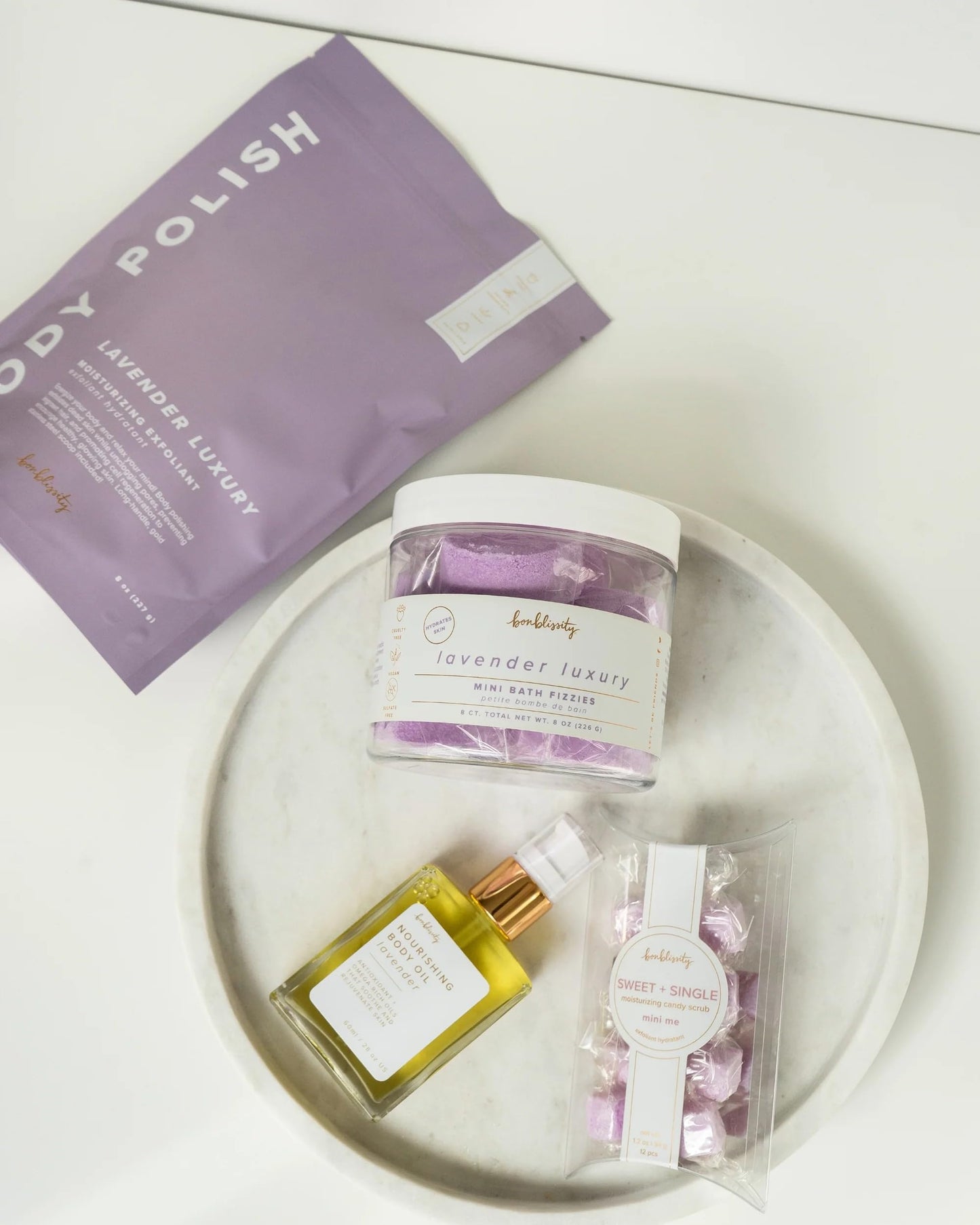 Bonblissity Body Scrub, Body Polish [LAVENDER LUXURY] - Moisturizing & Exfoliating Body Scrub - Handmade, Eco-Friendly, Mess-Free with Gold Spoon, Gentle & Fluffy Texture, Made in USA