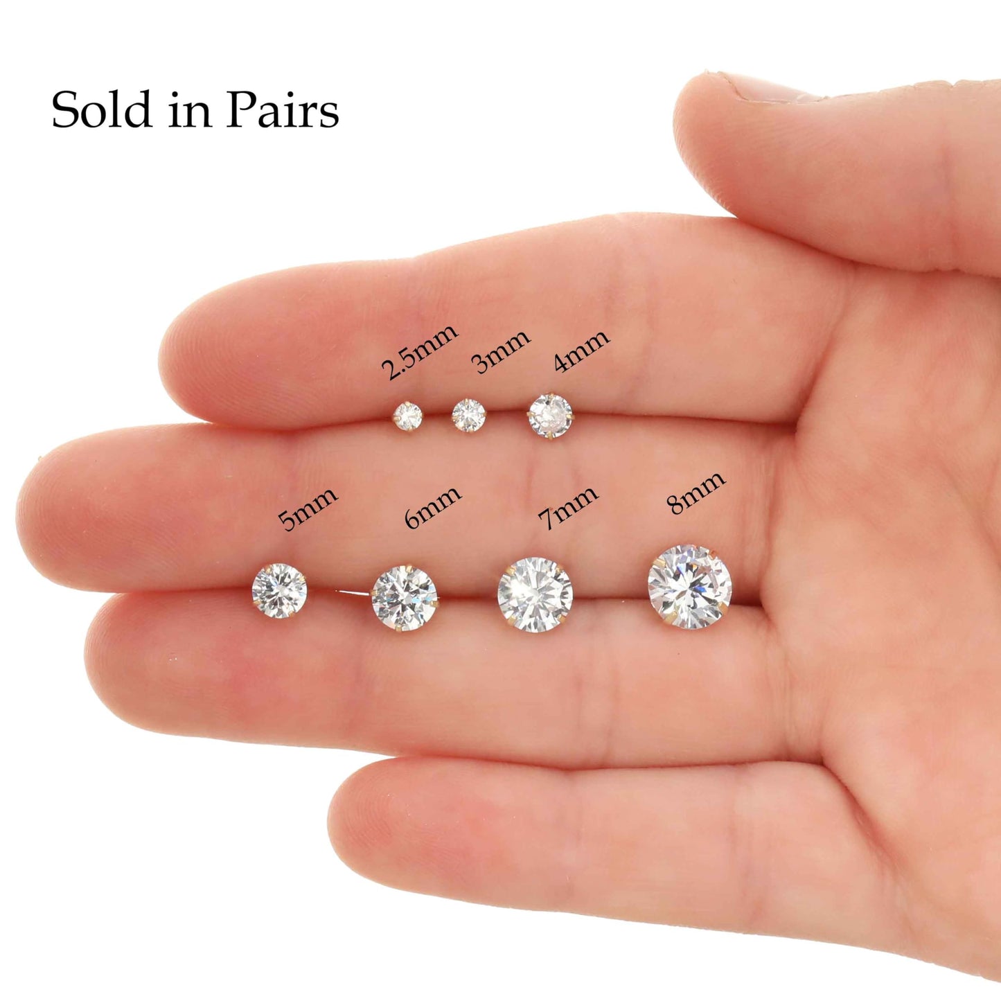 Solid 14k Yellow Gold Solitaire Round Cubic Zirconia CZ Stud Earrings with 14k Gold Butterfly Push Backings (7mm)