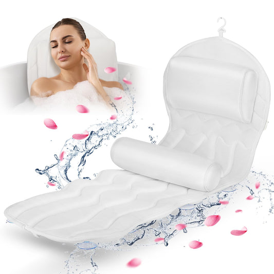 Full Body Bath Pillow for Bathtub, Bath Pillows Cushions for Tub Neck Shoulder Back Support,14 Suction Cups Luxury Bath Tub Mat with Pillow for Adults Bathroom Accessories (Rectangle-White)