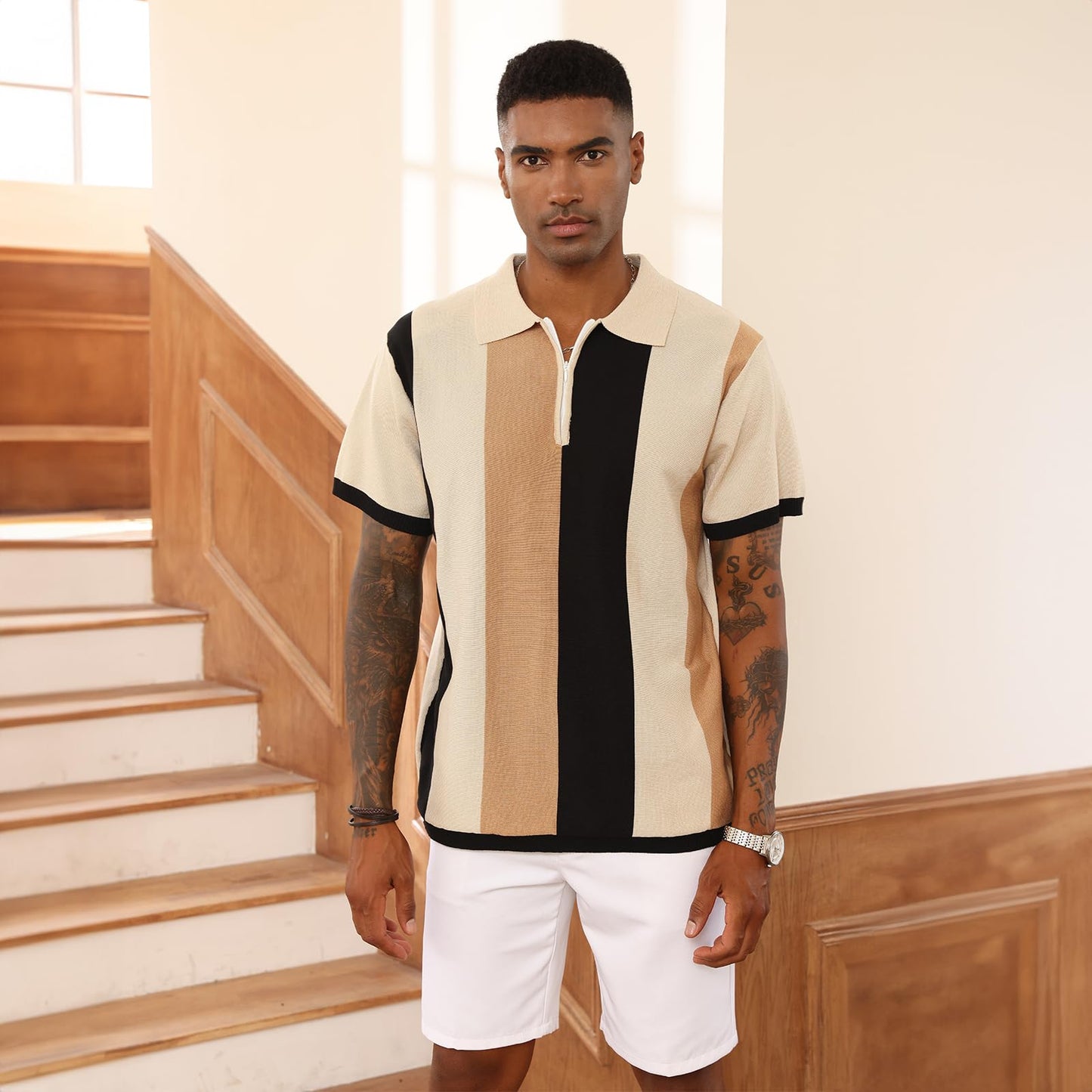 Men's Fashion Polo Shirts Vintage Striped Knitting Shirts Casual Slim Fit Golf Shirts Apricot