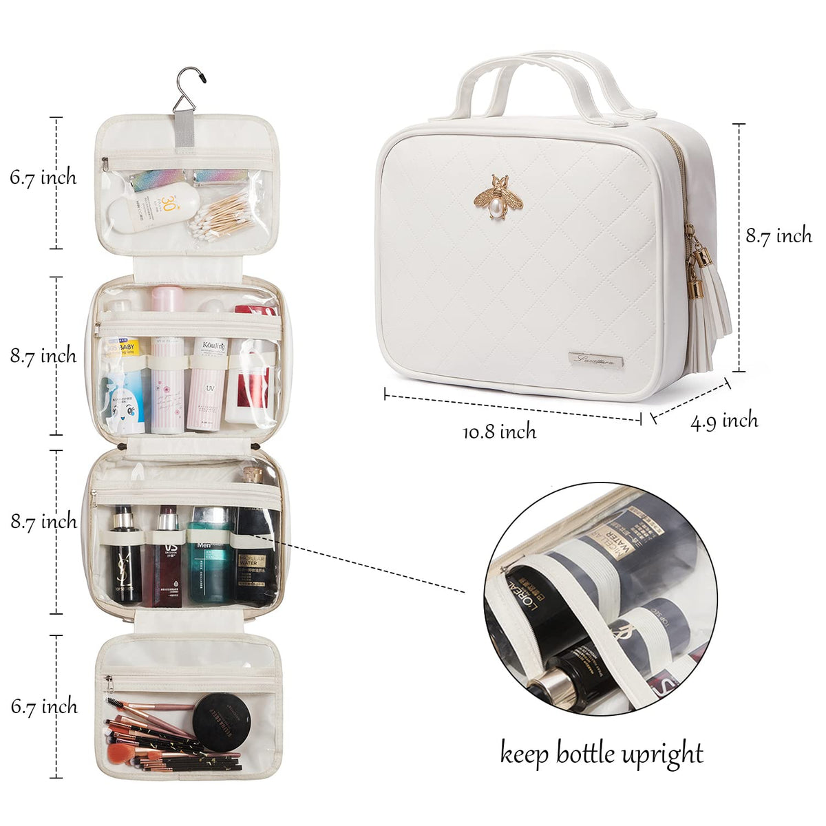 LACATTURA Hanging Toiletry Bag for Women, Leather Travel Makeup Bag, Large Cosmetic Organizer, 4 Layers Portable Waterproof Hygiene Bag, Bathroom Organizer for Shampoo, Make up, Personal Item, White
