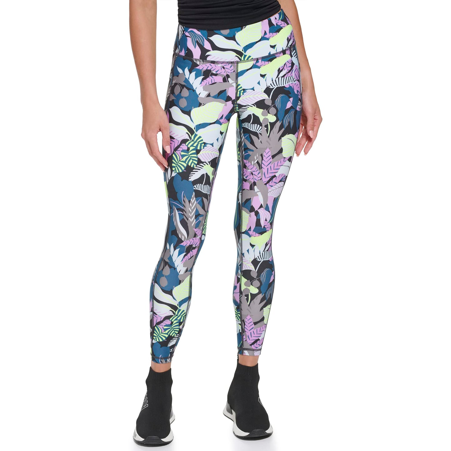 DKNY Women's Tight Printed High Waist Performance Leggings, Poseidon Jungle, Large