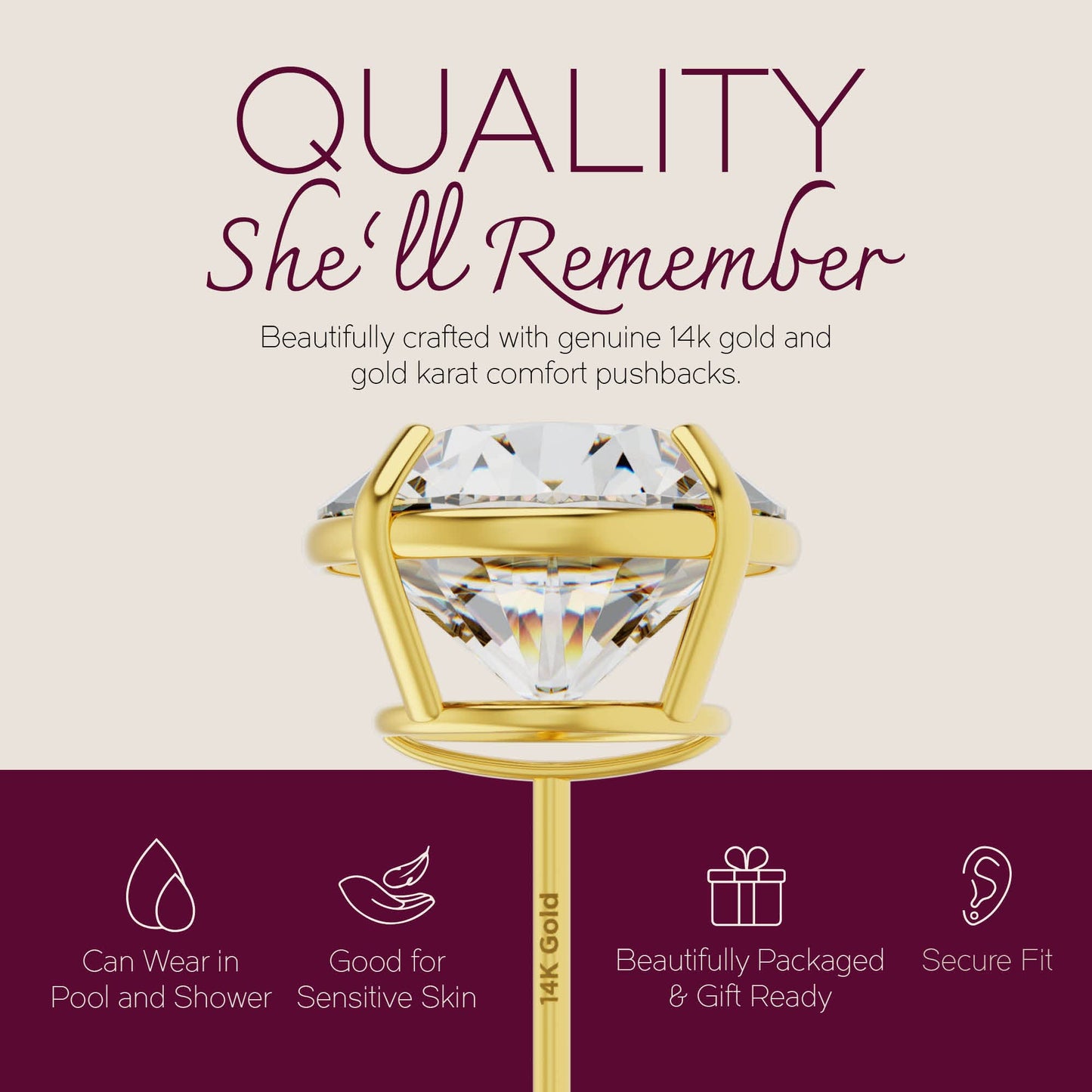 Solid 14k Yellow Gold Solitaire Round Cubic Zirconia CZ Stud Earrings with 14k Gold Butterfly Push Backings (7mm)