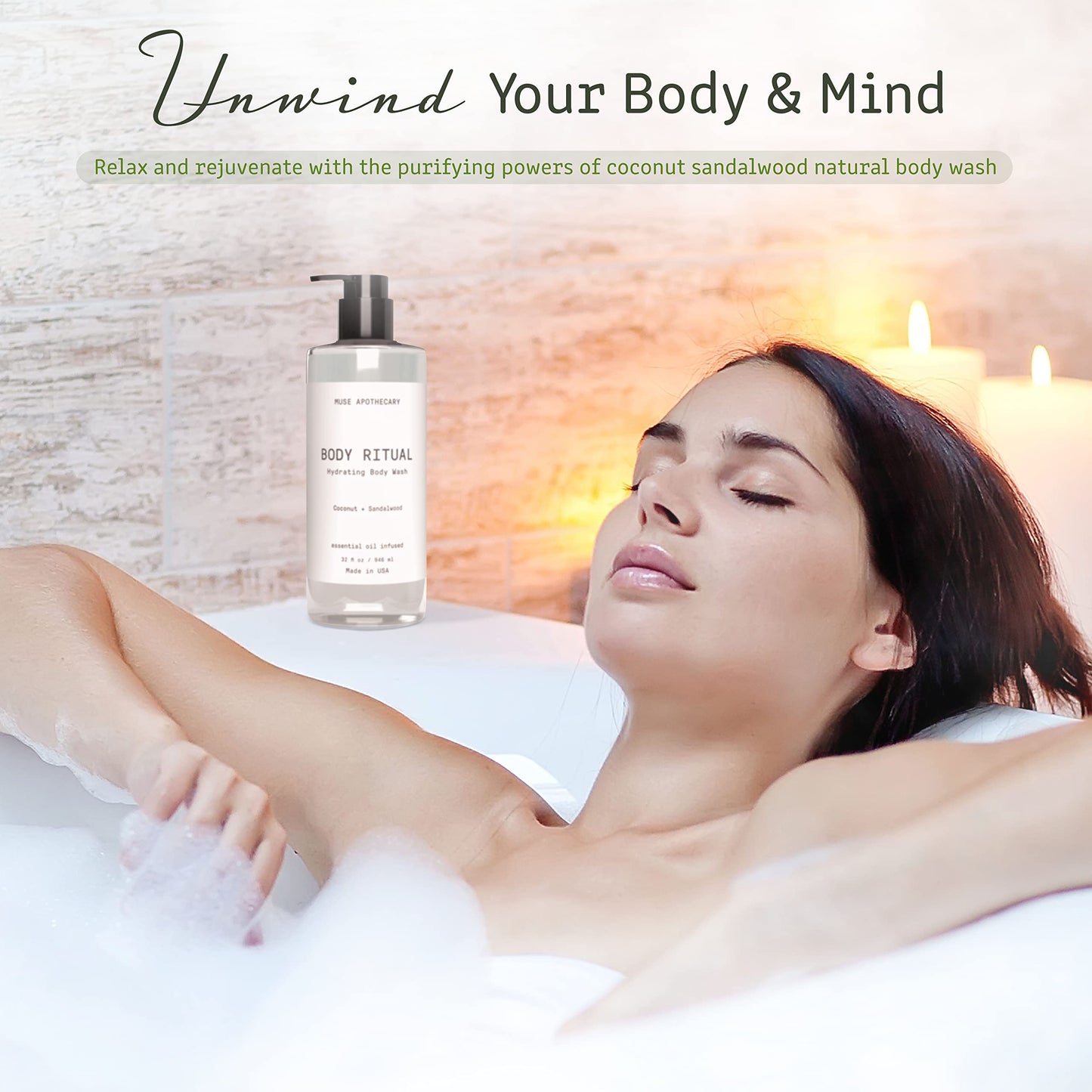 Muse Apothecary Body Ritual Hydrating - Coconut Sandalwood Body Wash for Women & Men - Essential Oil Infused Aromatherapy Body Wash - Natural - 32 Ounce