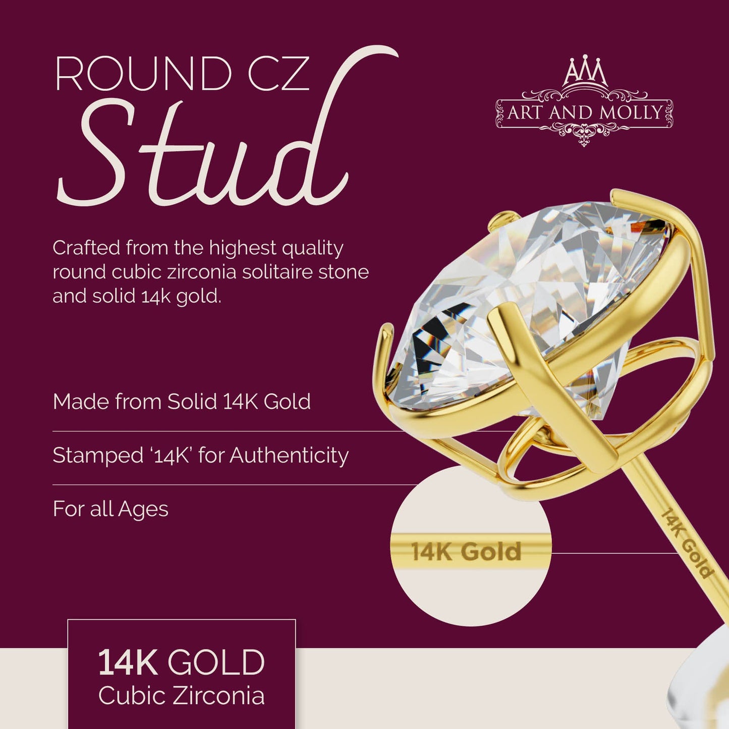 Solid 14k Yellow Gold Solitaire Round Cubic Zirconia CZ Stud Earrings with 14k Gold Butterfly Push Backings (7mm)