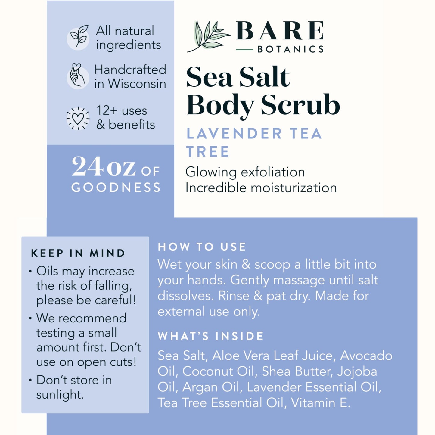 Bare Botanics Lavender Tea Tree Body Scrub 24oz | Made in Madison, WI | All Natural Sea Salt Exfoliator w/ Skin Loving Moisturizers | Vegan & Cruelty Free | Gift Ready Packaging w/ a Cute Wooden Spoon