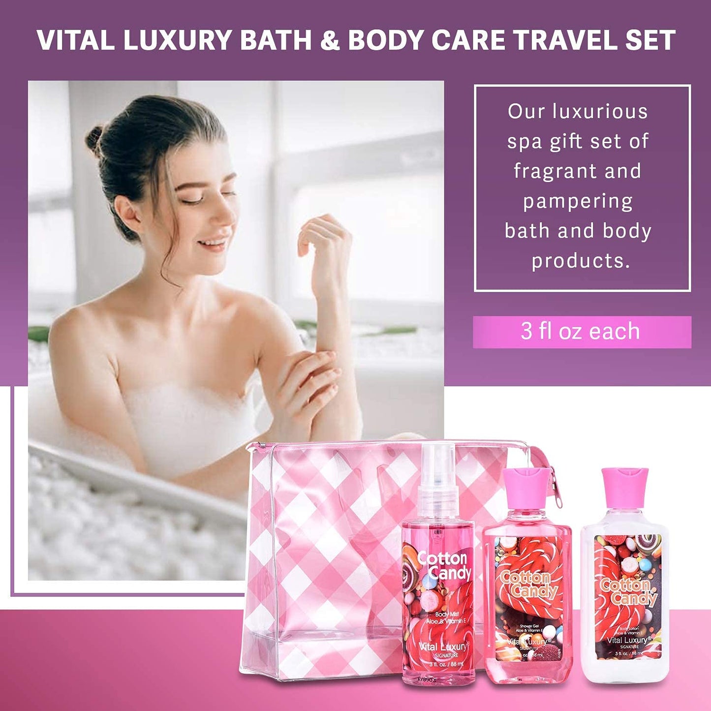 Vital Luxury Cotton Candy Bath & Body Travel Kit, 3 Fl Oz, Ideal Skincare Gift Home Spa Set, Includes Shower Gel, Body Lotion and Fragrance Mist, Christmas Gifts for Your Family and Friends