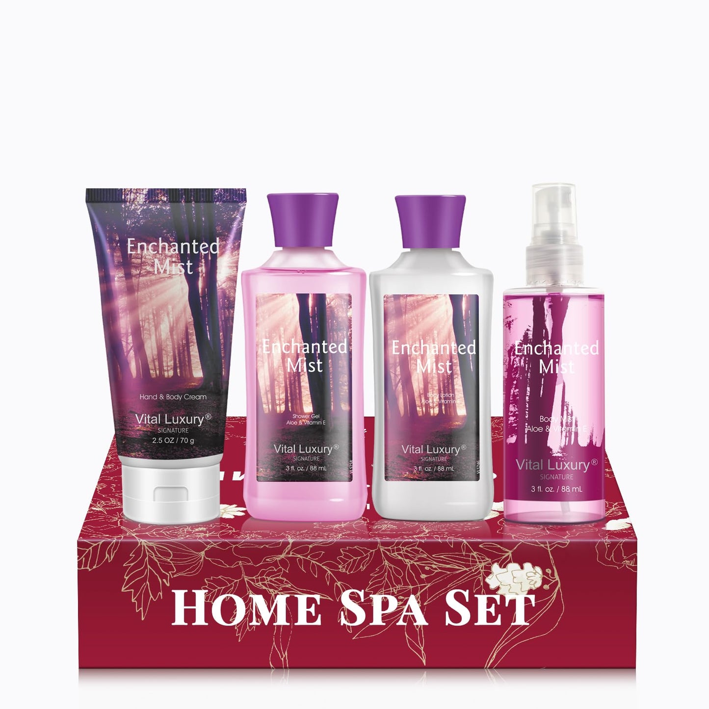 Vital Luxury Enchanted Mist Scent Bath & Body Kit, 3 Fl Oz, Ideal Skincare Gift Home Spa Set, Includes Body Lotion, Shower Gel, Body Cream, and Fragrance Mist, Christmas Gift Sets