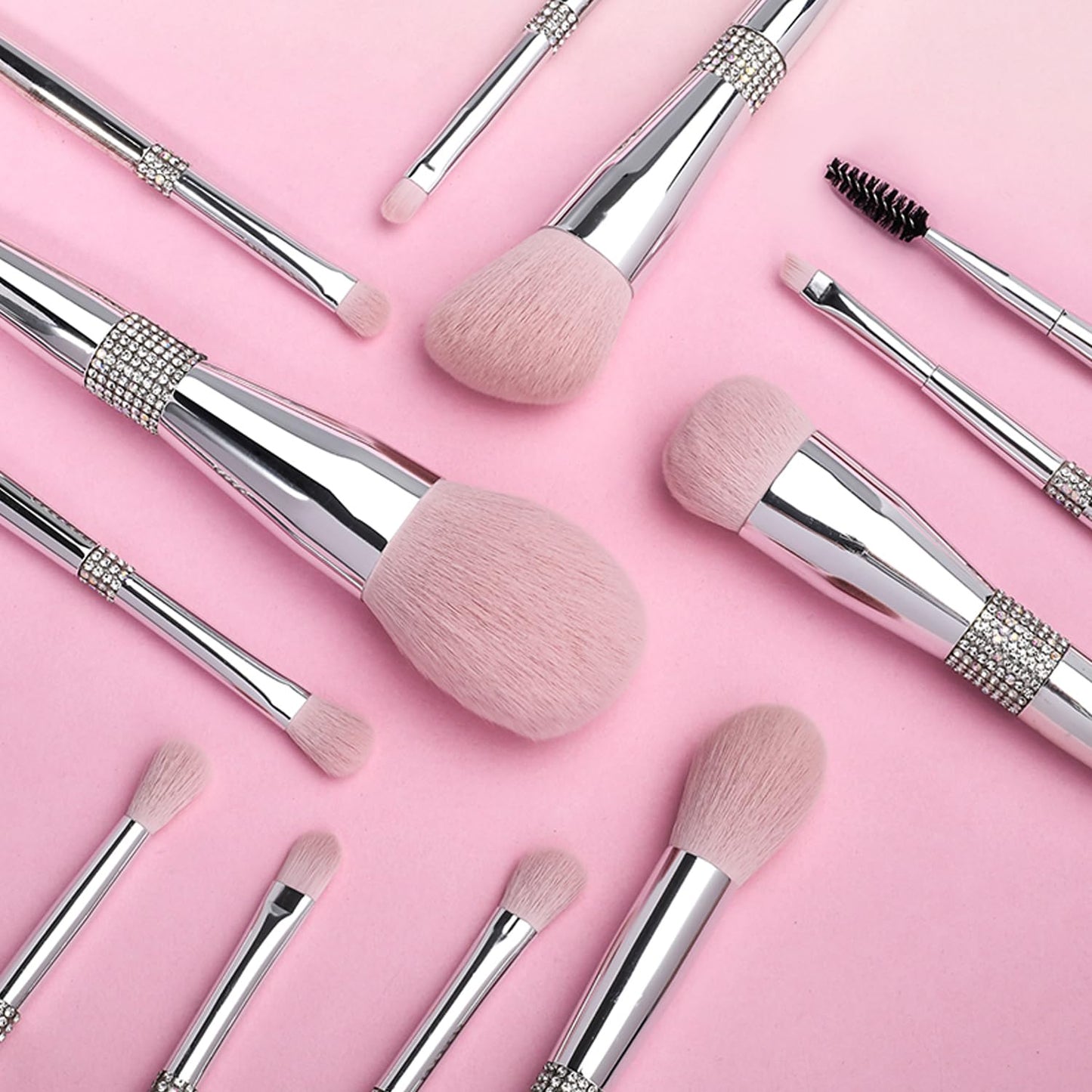 Professional Makeup Brush Set Luxury 11pcs Silver Glitter Crystal Make Up Brush Kit Vegan Soft Synthetic Hair Foundation Eyeshadow Eyebrow Lip Cosmetic Brush Set With Gift Box For Girl