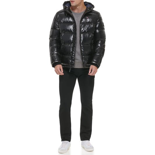 Tommy Hilfiger Men's Hooded Puffer Jacket, Pearlized Black, Medium