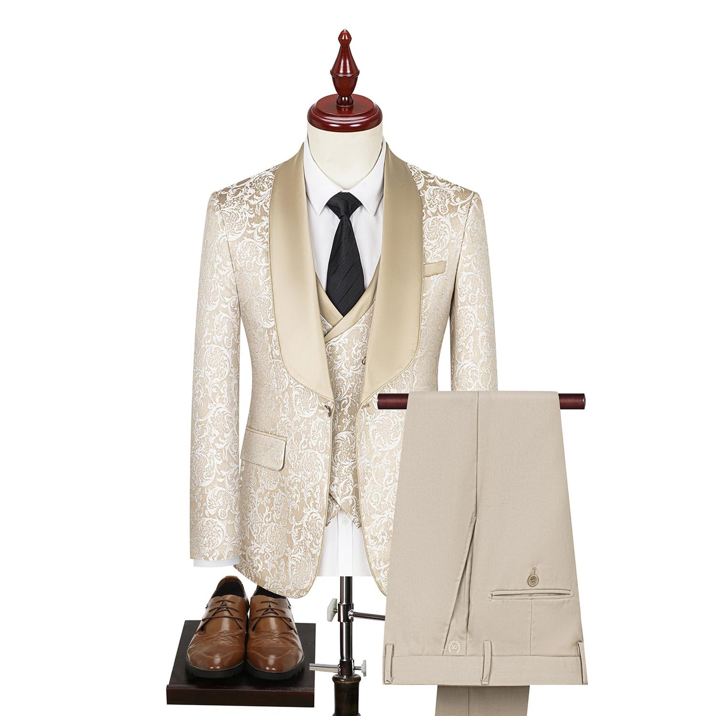 FIXRIMCH Formal Tuxedo Suit for Men Embroidered Paisley Blazer Jacket Vest Pants Set for Wedding Party,Dinner,Prom Apricot