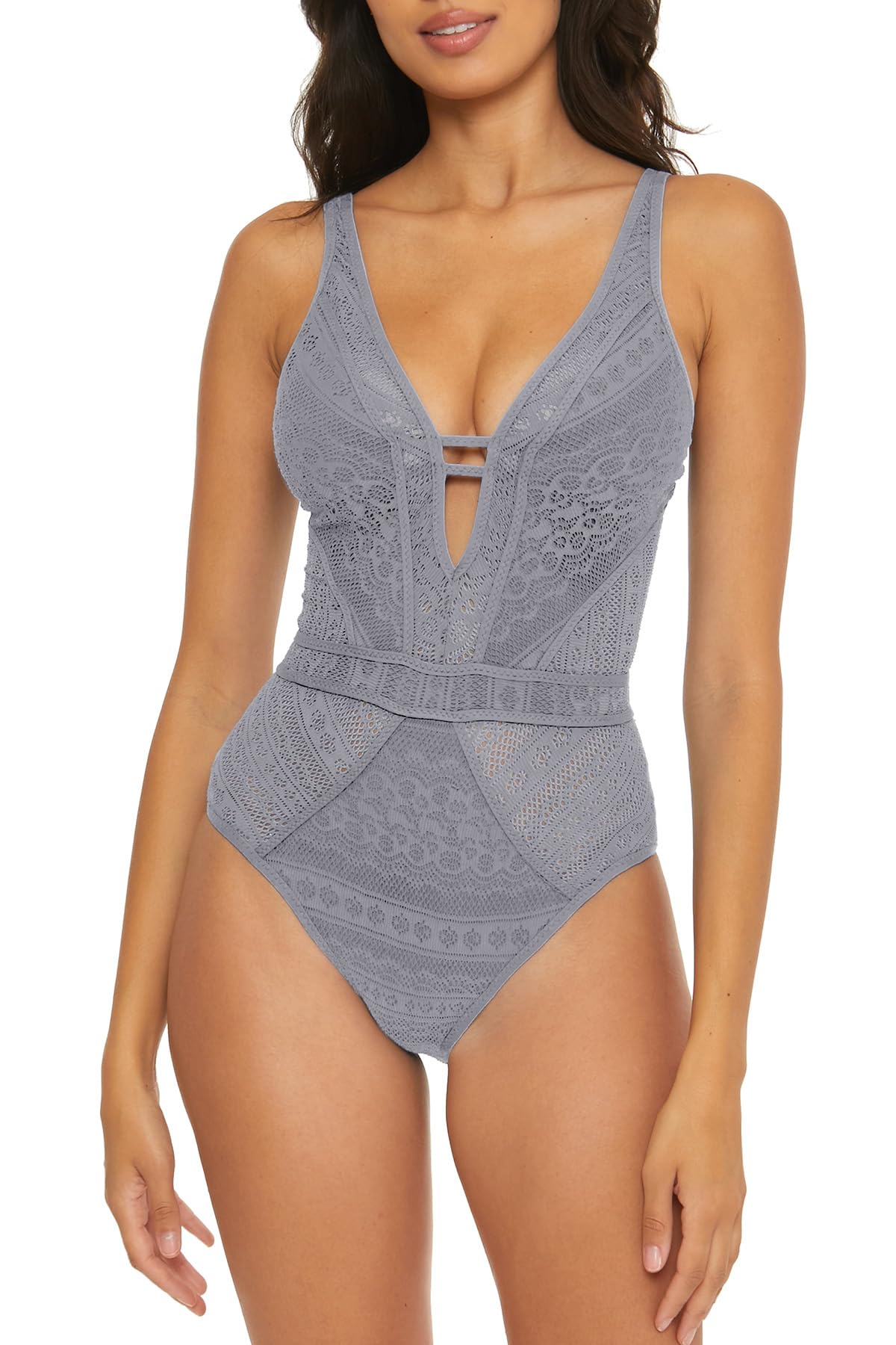 BECCA Color Play - Women's One Piece Swimsuit, Plunge Neck, Crochet, Bathing Suits for Women, Blue Shadow, X-Small