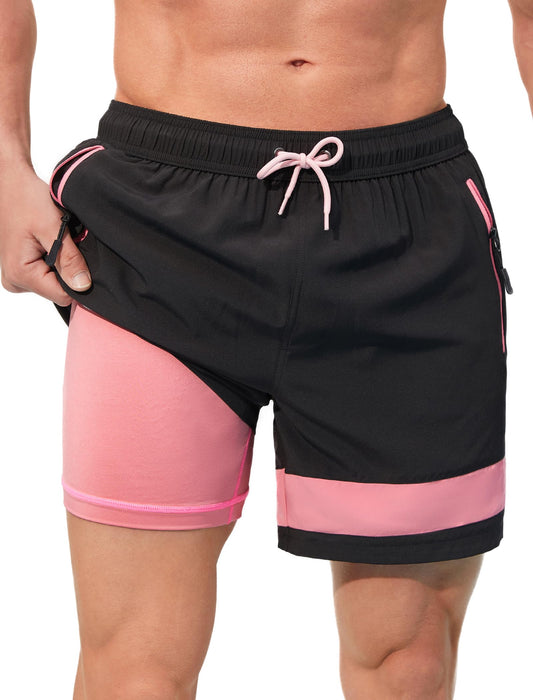 SILKWORLD Men Swimming Trunks 2 in 1 Quick Dry Bathing Suit Elastic Waist Swim Shorts with Zipper Pockets, Black Pink, Large