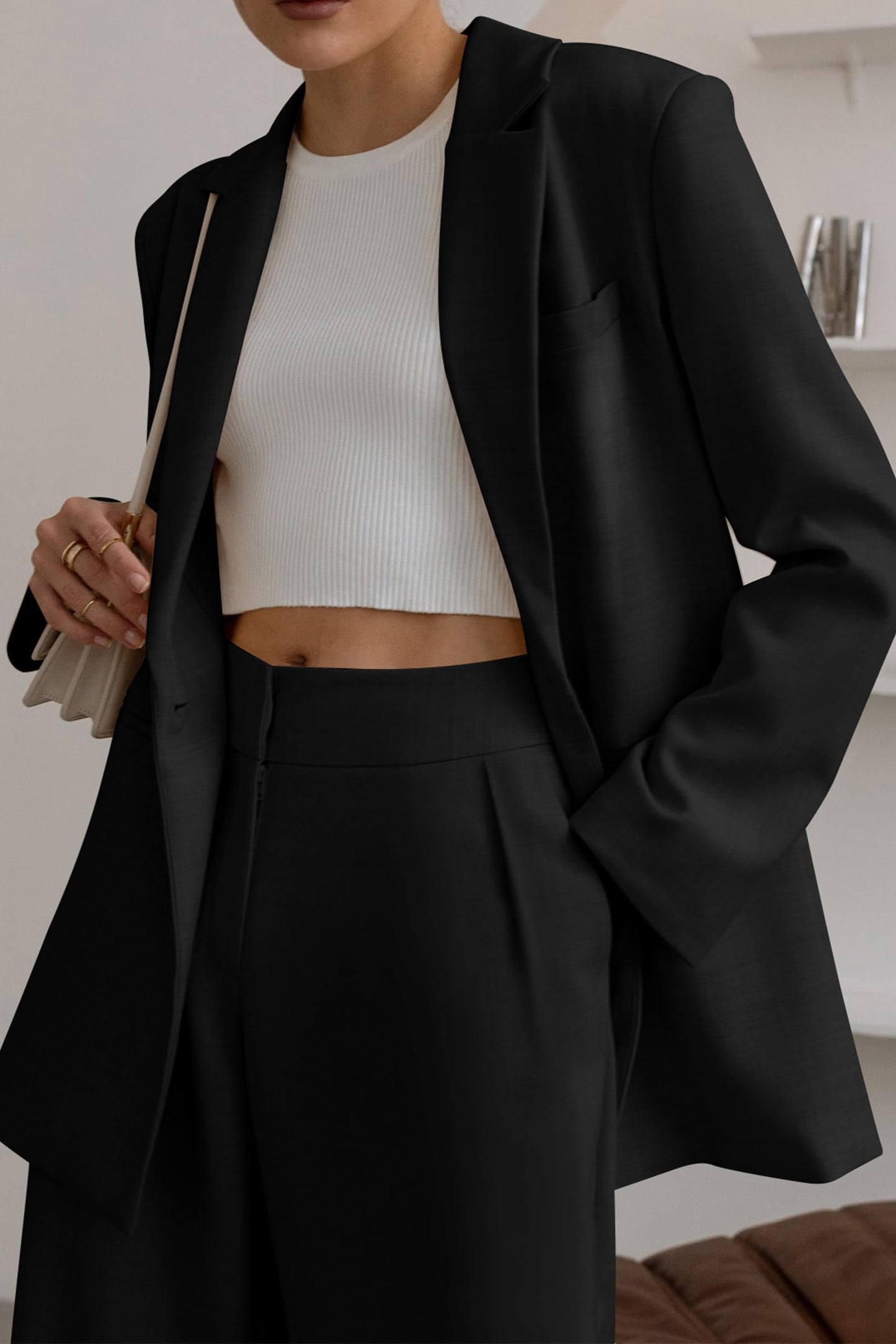 PRETTYGARDEN Women's 2024 Fall Two Piece Outfits Blazer Jacket and Wide Leg Pants Pockets Business Casual Suit Sets (Black,X-Large)