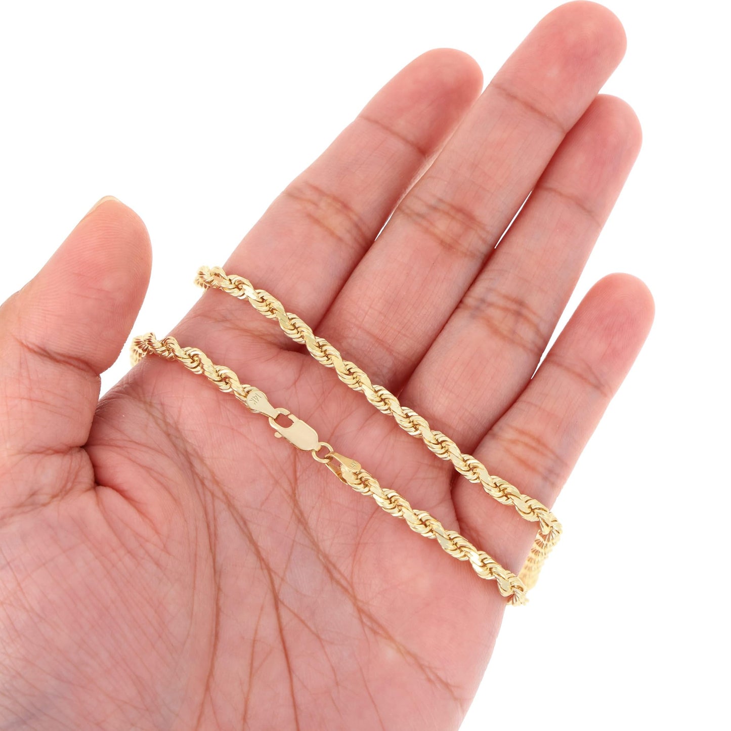 Nuragold 14k Yellow Gold 4mm Solid Rope Chain Diamond Cut Link Pendant Necklace, Mens Jewelry 18" 20" 22" 24" 26" 28" 30"