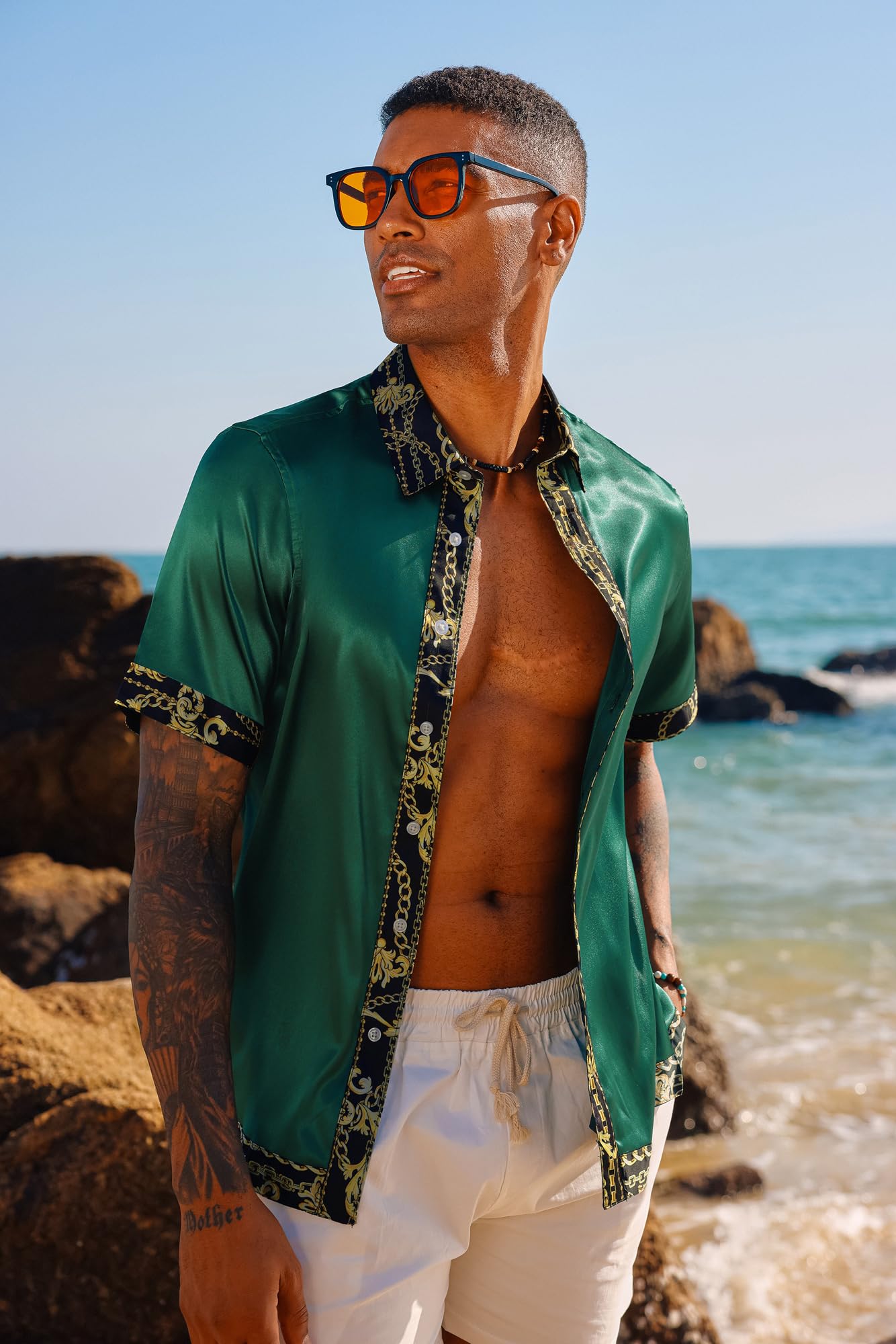 Mens Luxury Printed Satin Dress Shirts Wrinkle Free Short Sleeve Cool Beach Tops Dark Green XL