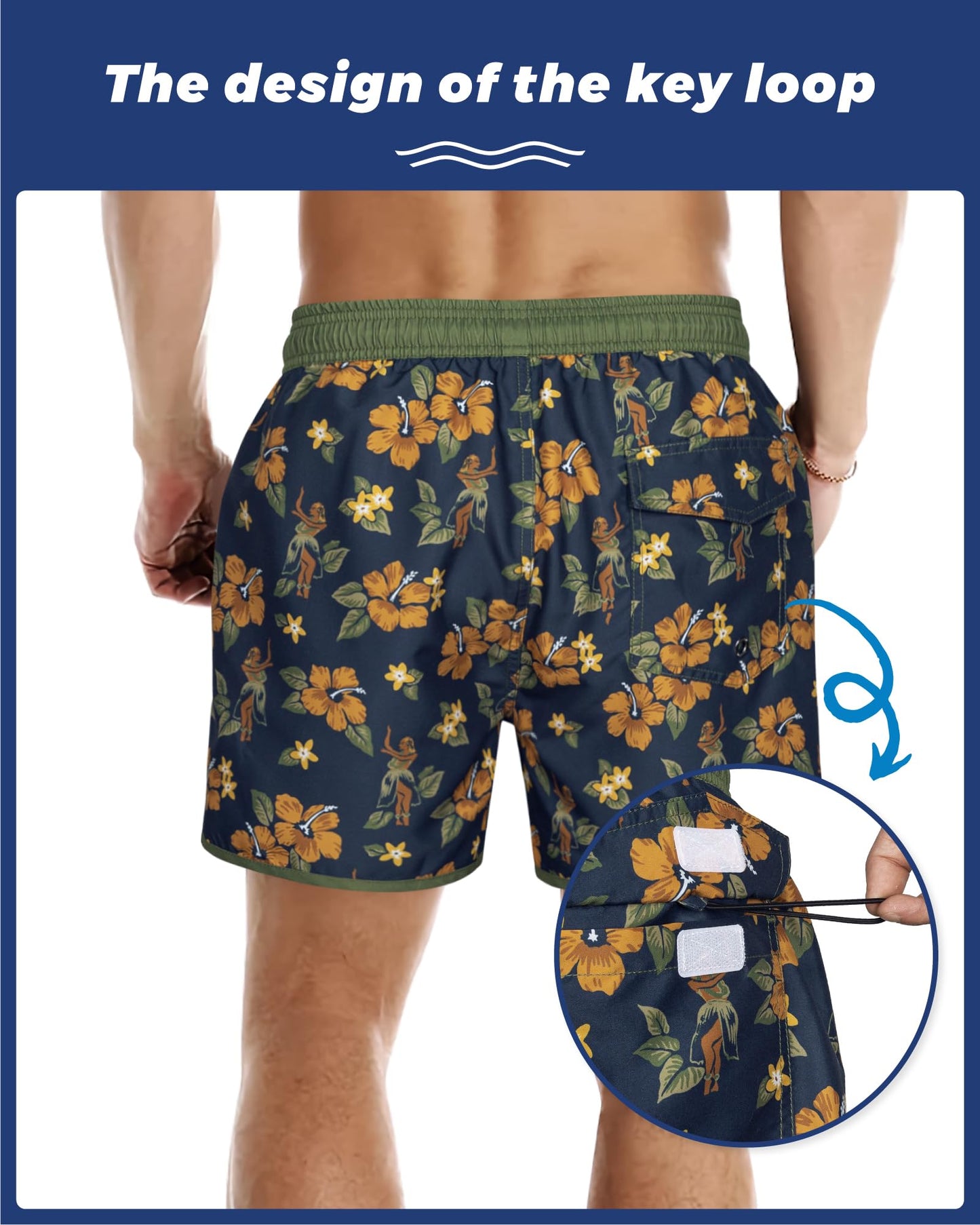 SURF CUZ Mens Swim Trunks 5" Swim Shorts Vintage Bathing Suits with Mesh Lining 80s 90s Retro Swimwear Board Shorts,Aloha,L