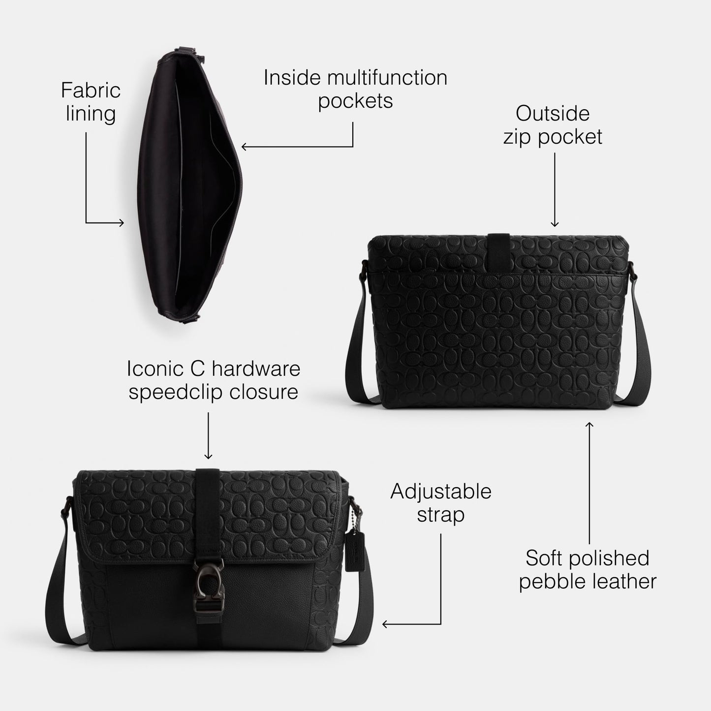 Coach Beck Messenger in Signature Pebble Leather, Black