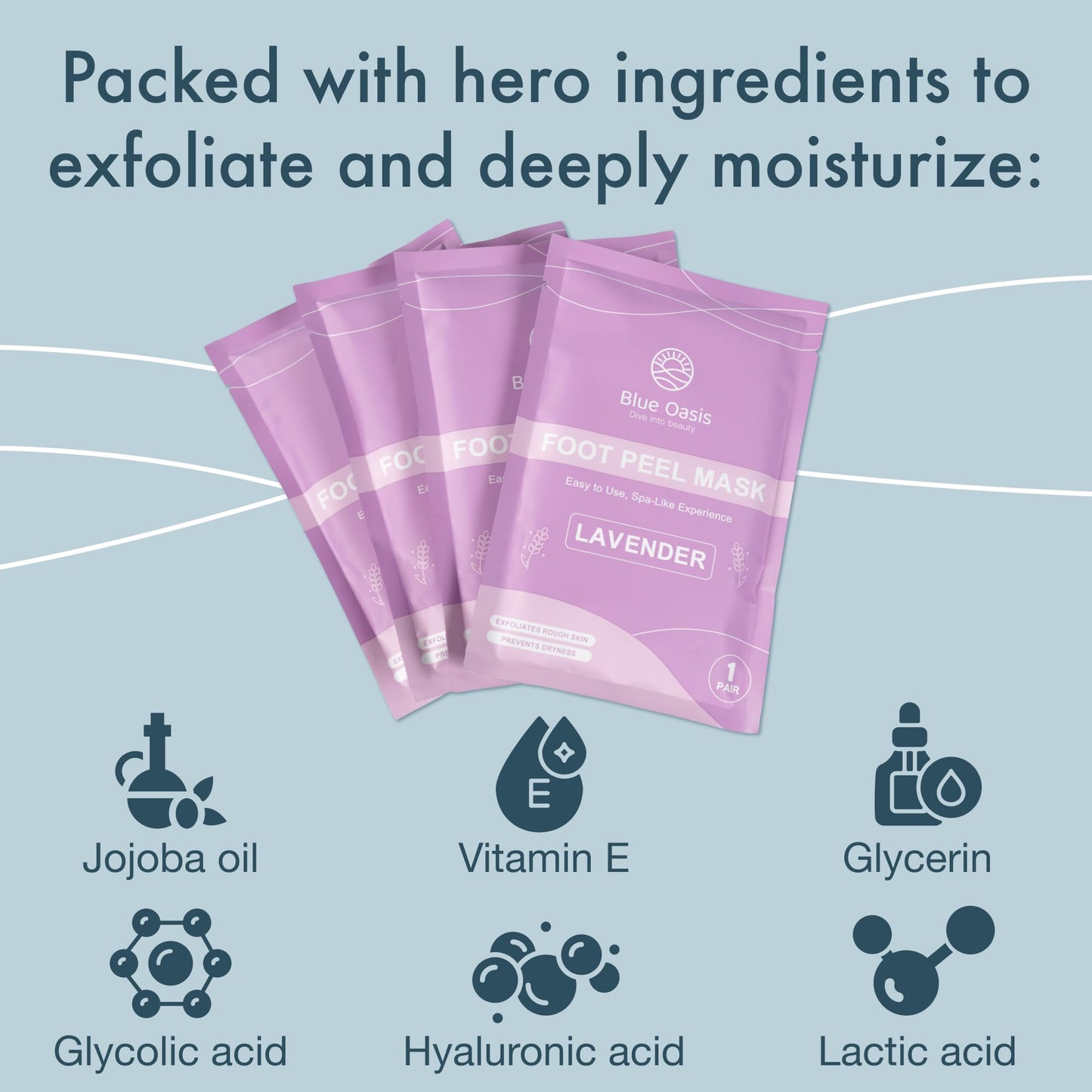 Blue Oasis Foot Peeling Mask - Exfoliating Foot Mask for Dry Cracked Feet, Lavender Cracked Heel Treatment, Moisturizing Foot Peel Mask, Luxury Foot Care for Baby Soft Feet, Foot Exfoliator 4-pack