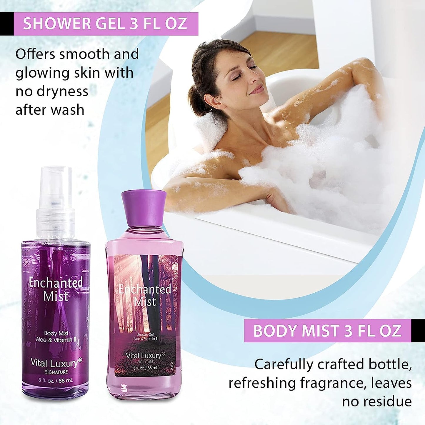 Vital Luxury Enchanted Mist Scent Bath & Body Kit, 3 Fl Oz, Ideal Skincare Gift Home Spa Set, Includes Body Lotion, Shower Gel, Body Cream, and Fragrance Mist, Christmas Gift Sets