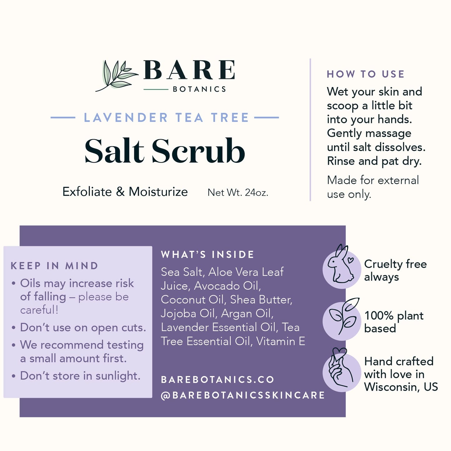 Bare Botanics Lavender Tea Tree Body Scrub 24oz | Made in Madison, WI | All Natural Sea Salt Exfoliator w/ Skin Loving Moisturizers | Vegan & Cruelty Free | Gift Ready Packaging w/ a Cute Wooden Spoon