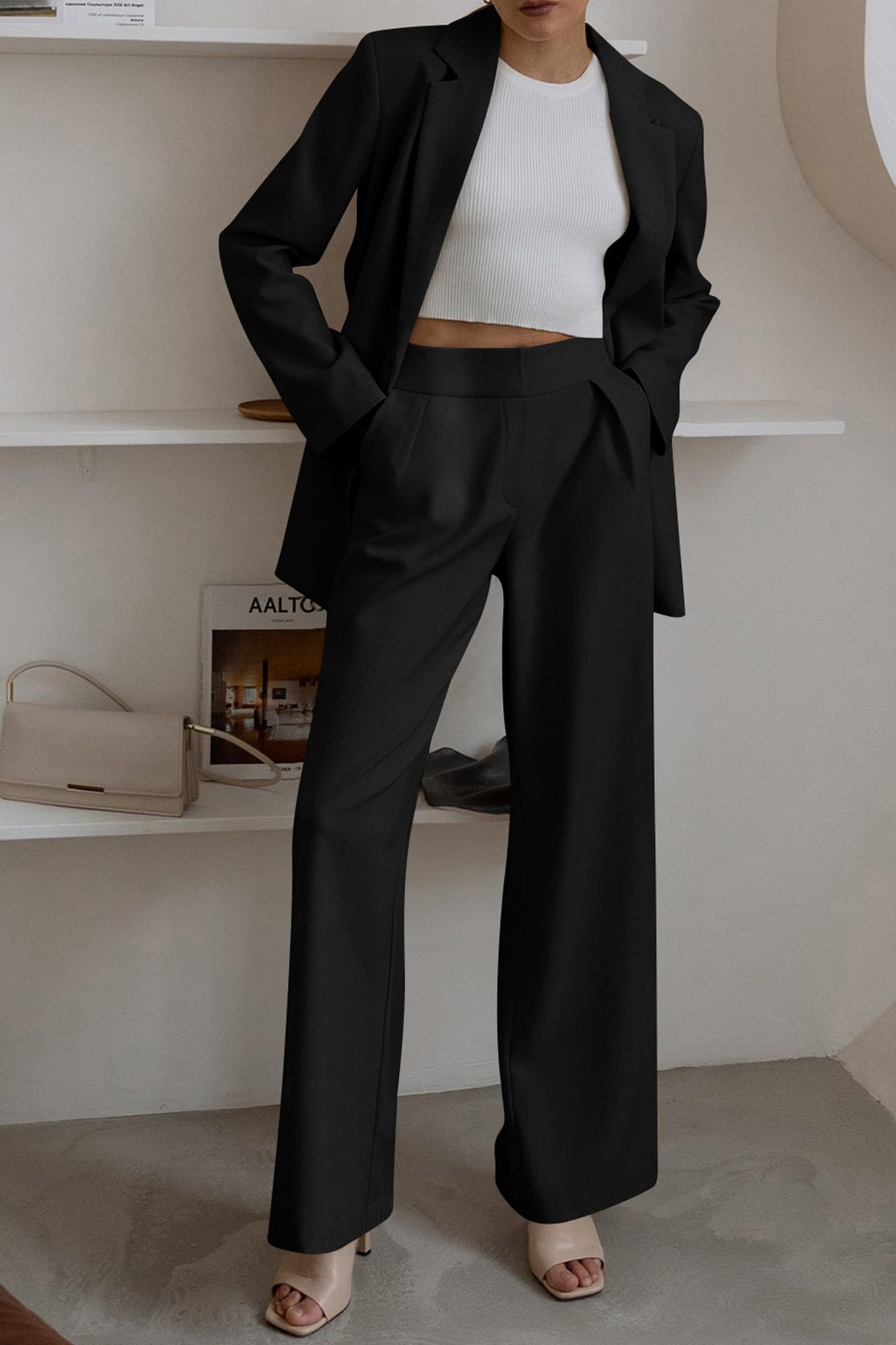 PRETTYGARDEN Women's 2024 Fall Two Piece Outfits Blazer Jacket and Wide Leg Pants Pockets Business Casual Suit Sets (Black,X-Large)