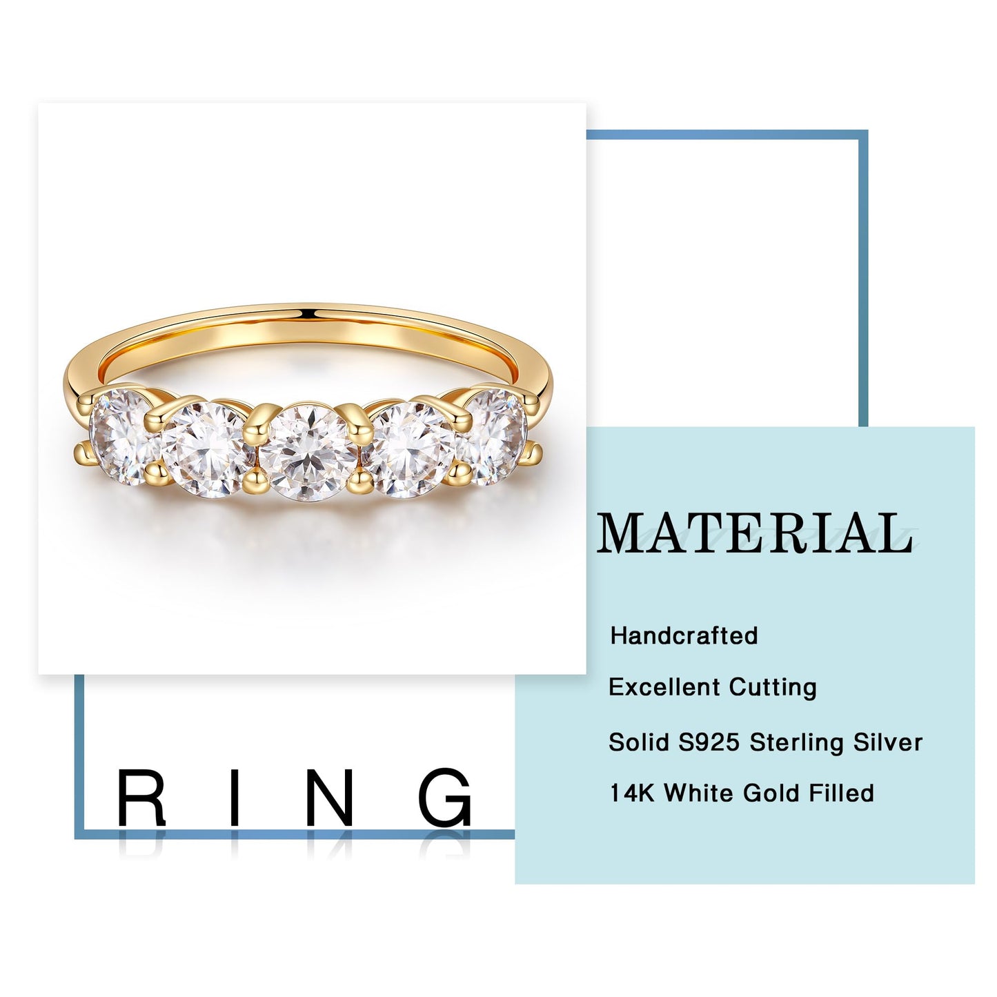 5 Stone Moissanite Promise Rings for Her, Brilliant 3.75MM D Color VVS1 Clarity Lab Created Diamond Band 14K Yellow Gold Filled Solid S925 Sterling Silver Moissanite Wedding Rings for Women Gifts