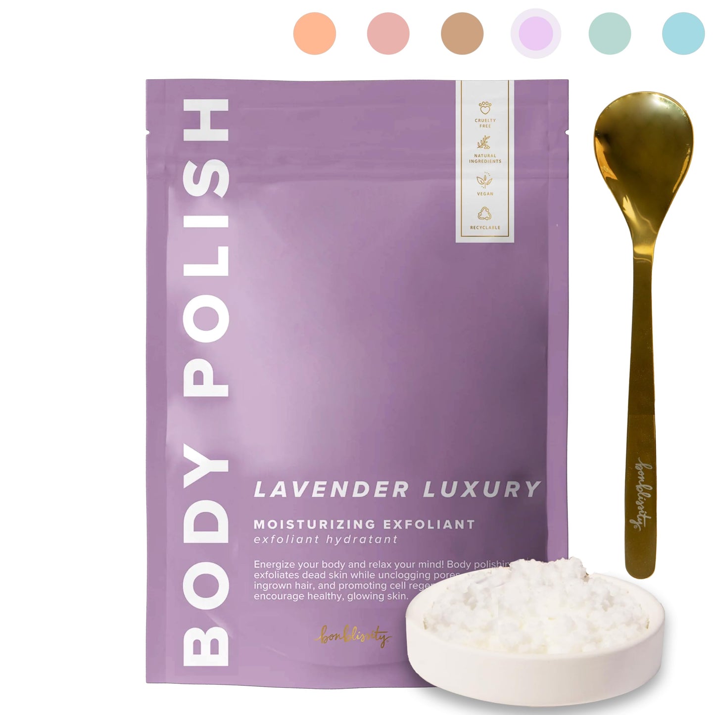Bonblissity Body Scrub, Body Polish [LAVENDER LUXURY] - Moisturizing & Exfoliating Body Scrub - Handmade, Eco-Friendly, Mess-Free with Gold Spoon, Gentle & Fluffy Texture, Made in USA