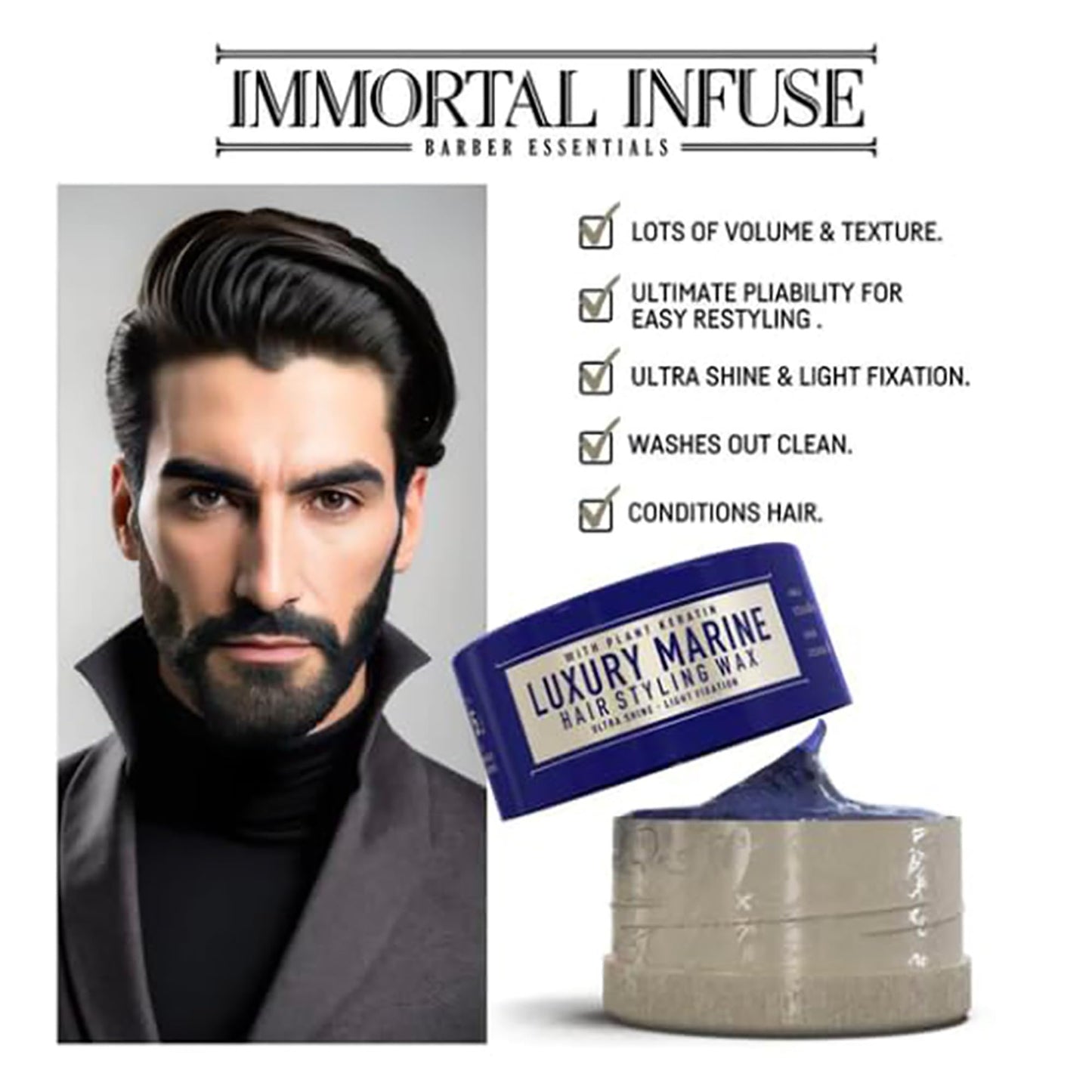 Immortal NYC Hair Waxes for Men - ''Luxury Marine'' Hair Styling Wax-Shine/Strong Hold - With Plant Keratine