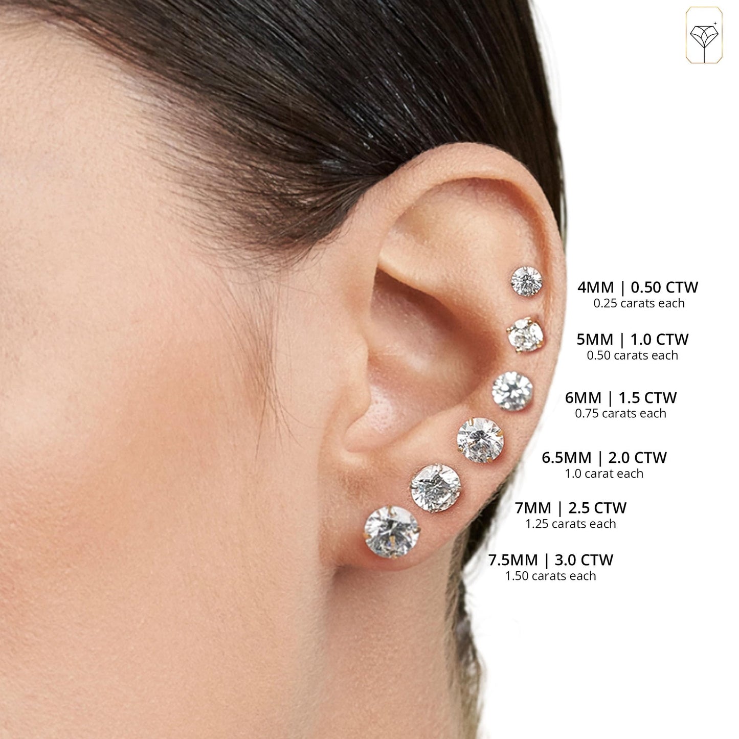 MAX + STONE 14k Yellow Gold Earrings for Women & Men with Genuine Round Crystal | Cubic Zirconia Earrings Studs with Gold Earring Backs | 1 Carat total |