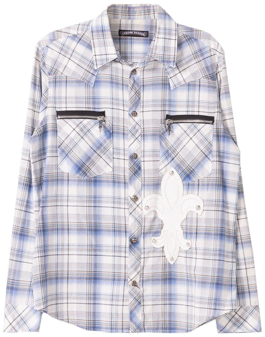 Chrome Hearts, Pre-Loved Leather Fleur Detail Zip Pocket Button Up, Large, Blue