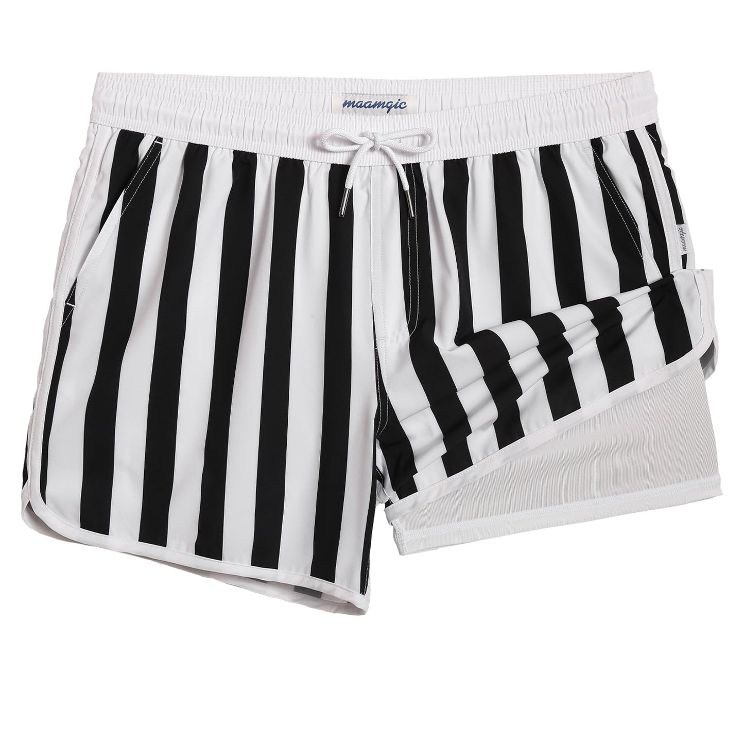 maamgic Mens Short 80s 90s Vintage 5.5" Swim Trunks Swimsuits Board Shorts Compression Liner Quick Dry 2 in 1 Bathing Suits Black White Stripe Large