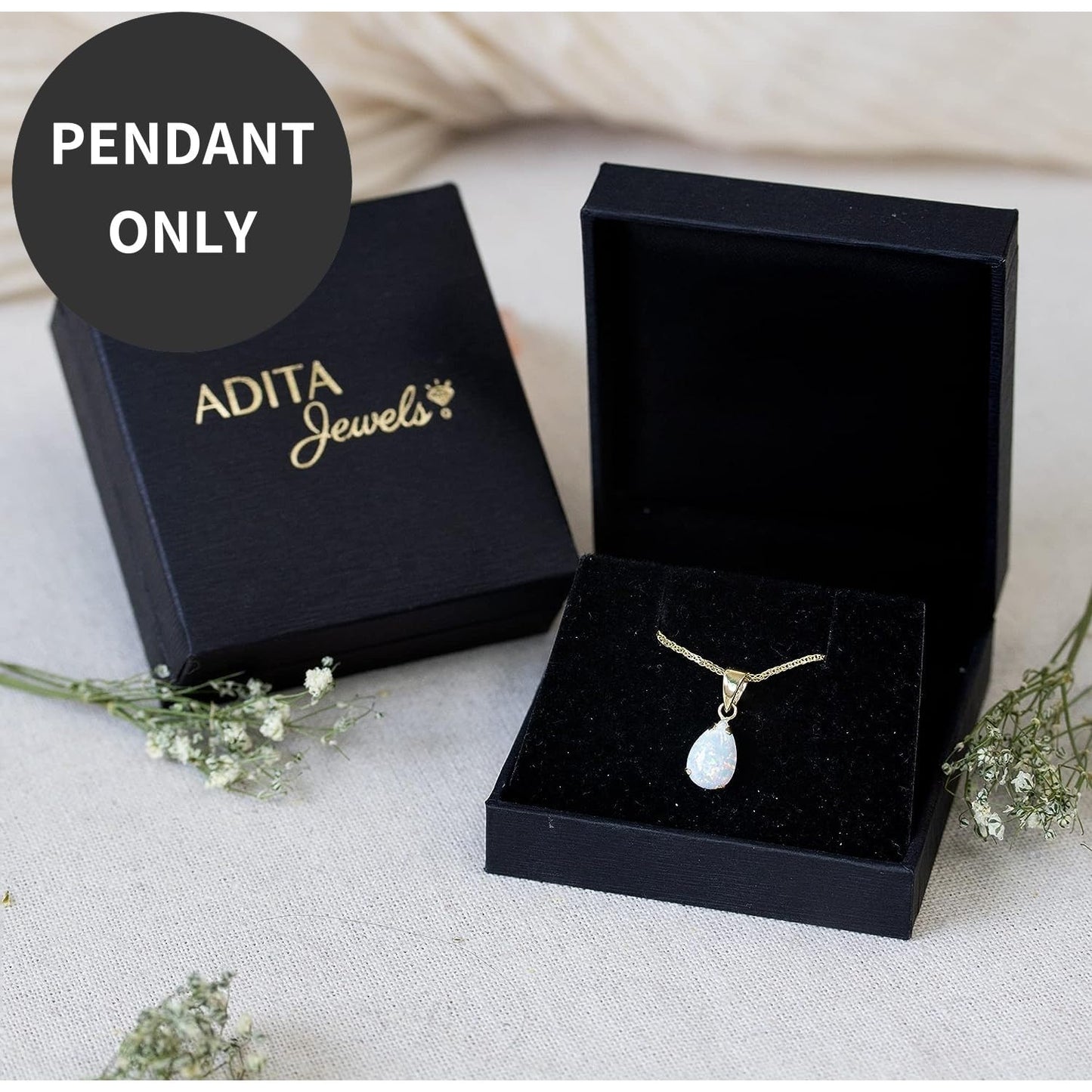 14K Gold White Opal Pendant - Dainty Pear-Shape Teardrop Pendant, 7x10mm 14K Solid Yellow Gold Pendant, October Birthstone Opal Gemstone - Handmade Bridal Wedding Jewelry for Brides and Classy Women