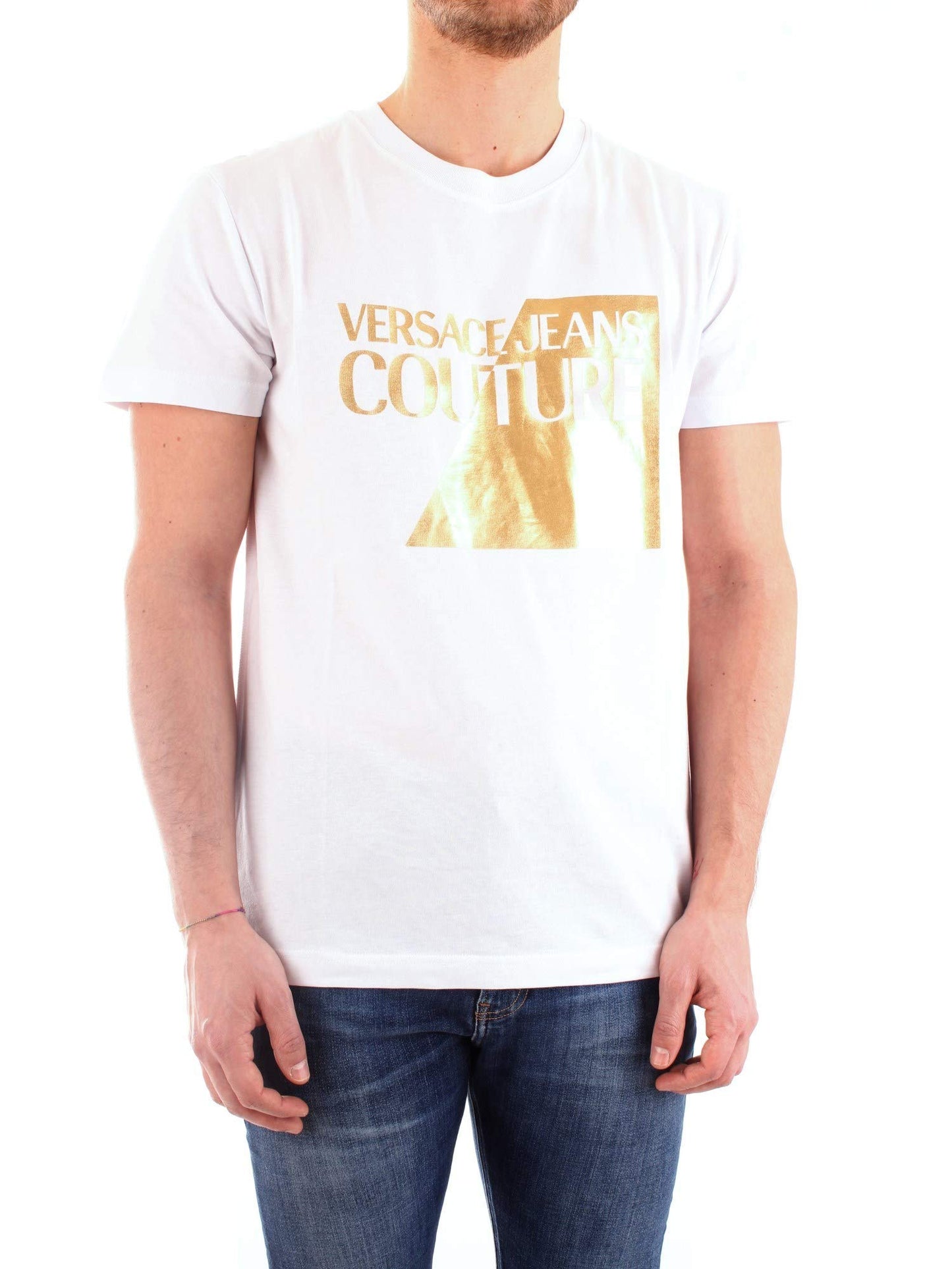 Versace Jeans Couture White 100% Cotton Oversized Split Foil Logo Short Sleeve T-Shirt- S for Mens