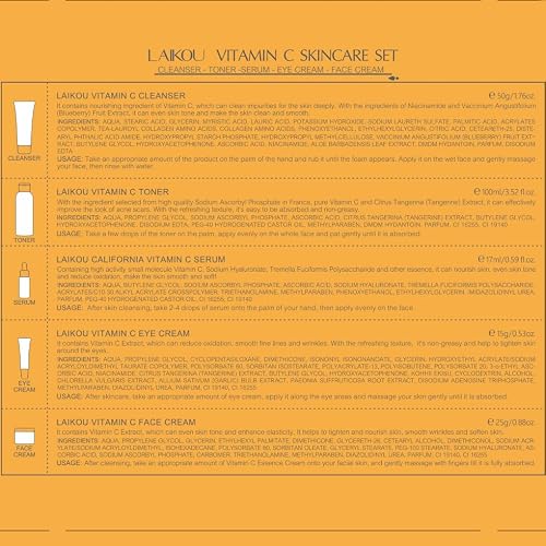 LAIKOU Vitamin C Skin Care, Skin Care Set Beginner Kit TSA-friendly 5pcs