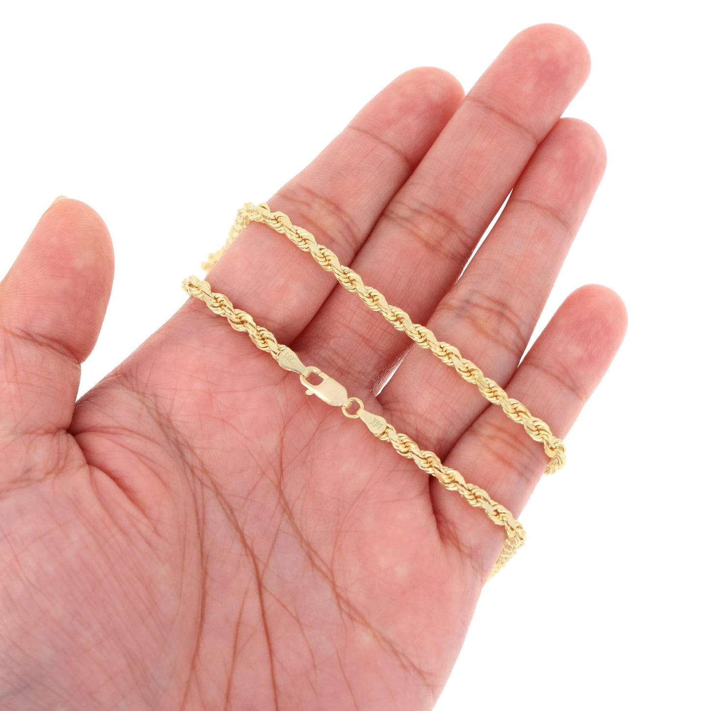 Nuragold 14k Yellow Gold 3mm Solid Rope Chain Diamond Cut Link Pendant Necklace, Mens Womens Jewelry 16" 18" 20" 22" 24" 26" 28" 30"