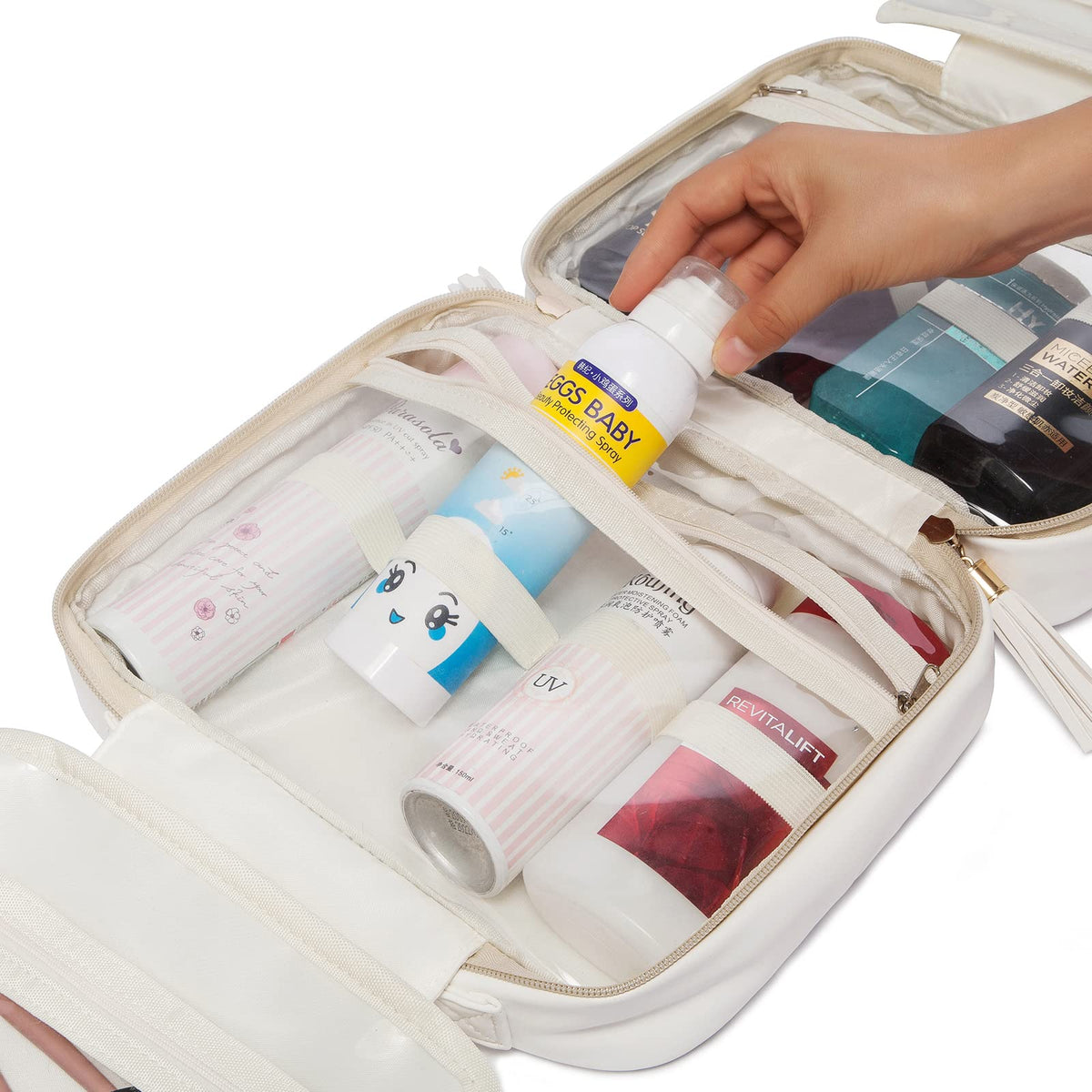 LACATTURA Hanging Toiletry Bag for Women, Leather Travel Makeup Bag, Large Cosmetic Organizer, 4 Layers Portable Waterproof Hygiene Bag, Bathroom Organizer for Shampoo, Make up, Personal Item, White