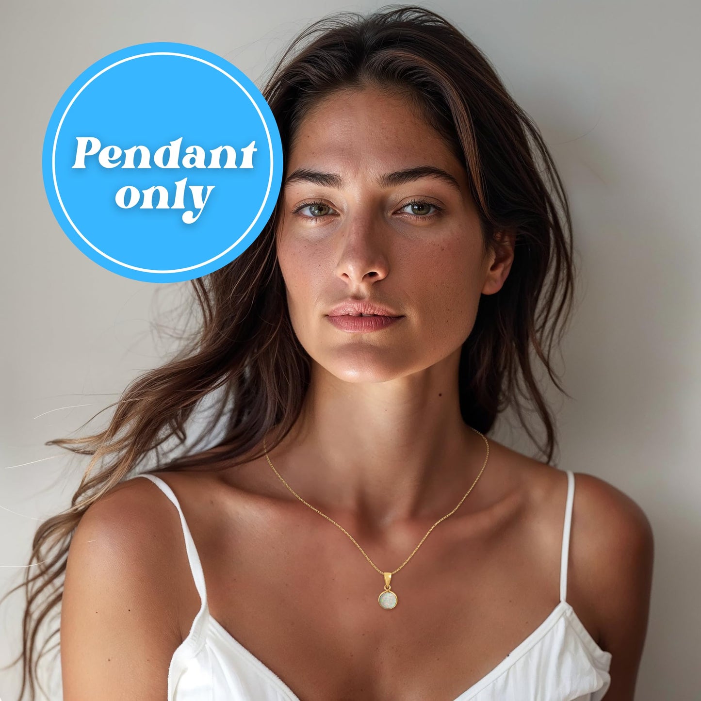 14K Gold White Opal Pendant - 14K Solid Yellow Gold Dainty Pendant with October Birthstone, Simple 8mm Size Round Opal Gemstone - Delicate Handmade Jewelry for Classy Women