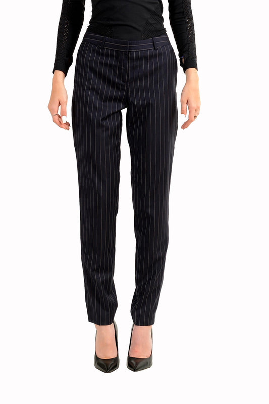 Hugo Boss Women's Tiluna11 Blue Striped Wool Straight Leg Pants US 6 IT 42