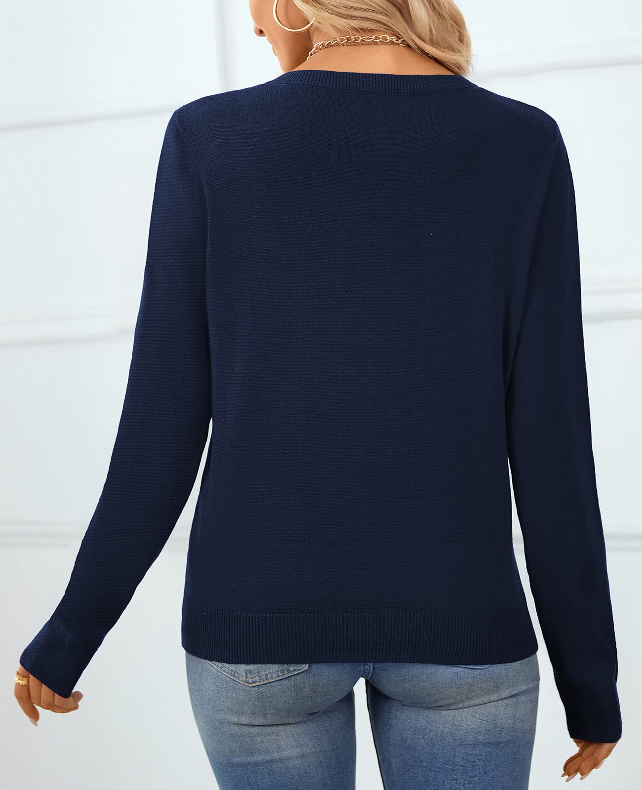 QUALFORT Women's 100% Cotton Sweater V Neck Long Sleeve Knitted Sweaters Navy Medium