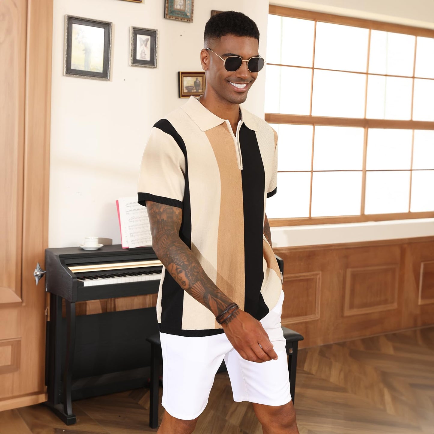 Men's Fashion Polo Shirts Vintage Striped Knitting Shirts Casual Slim Fit Golf Shirts Apricot