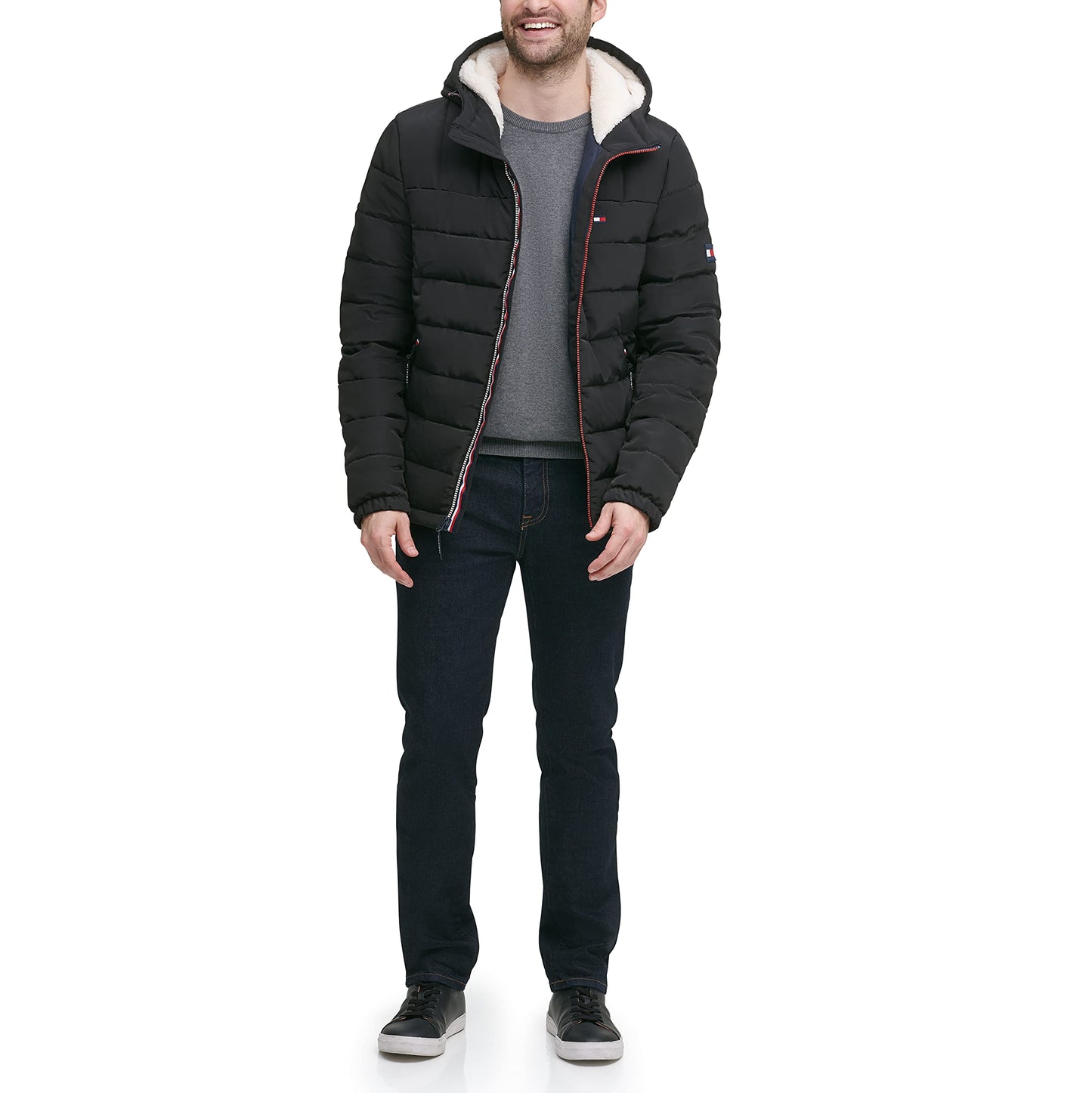 Tommy Hilfiger Men's Midweight Sherpa Lined Hooded Water Resistant Puffer Jacket, Black Tech, Large