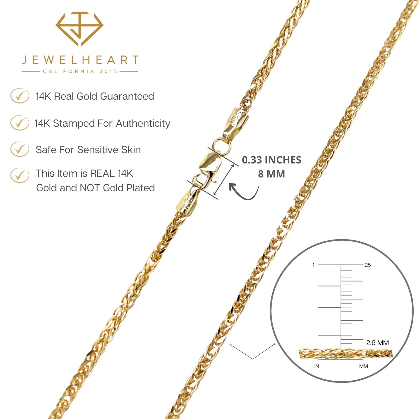 JEWELHEART 14K Gold Square Wheat Chain Necklace - 2.6mm Braided Men's Gold Chain Necklace Foxtail Chain Diamond Cut Yellow Real Gold Chain Pendant Necklace For Women with Lobster Clasp 22"