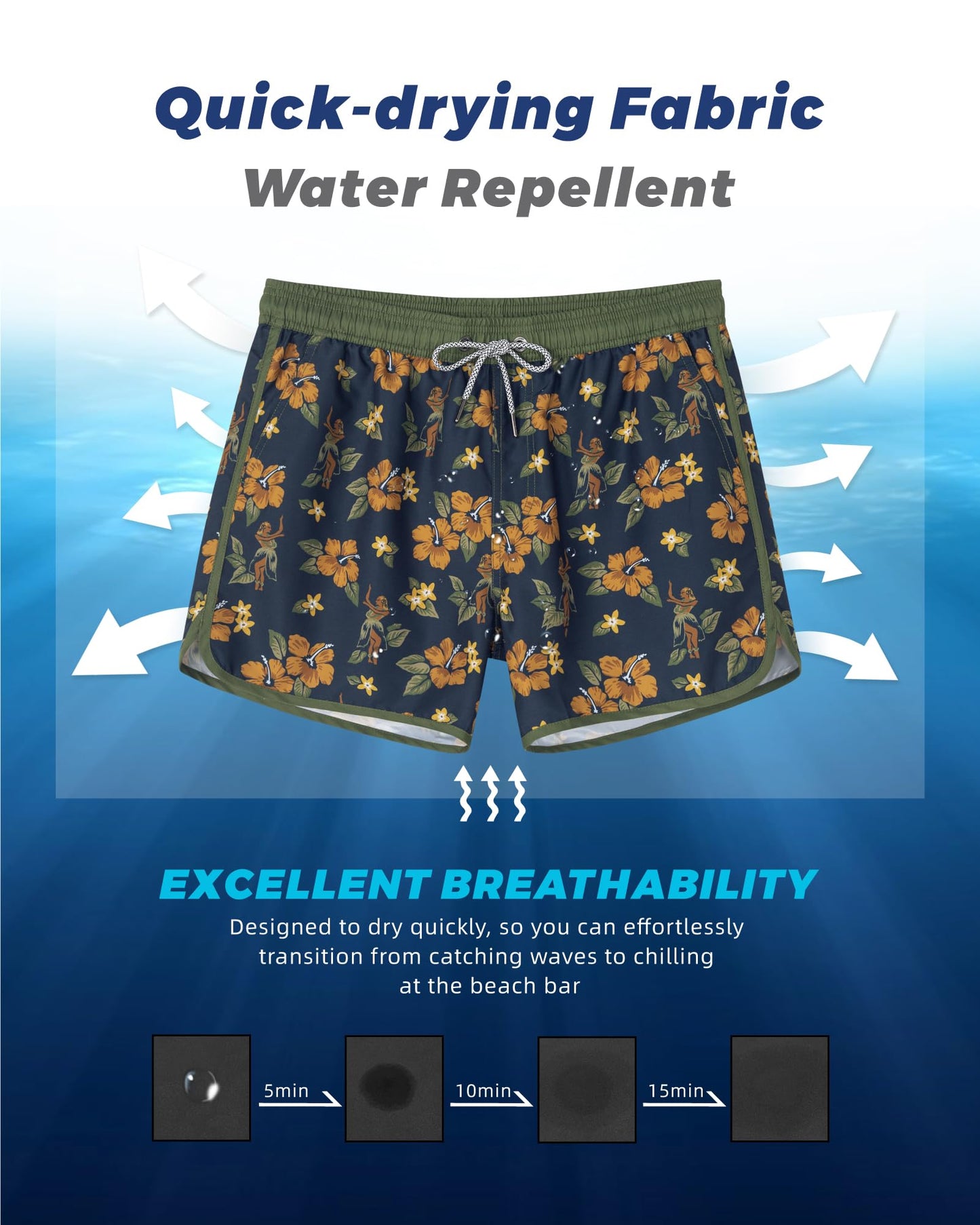 SURF CUZ Mens Swim Trunks 5" Swim Shorts Vintage Bathing Suits with Mesh Lining 80s 90s Retro Swimwear Board Shorts,Aloha,L