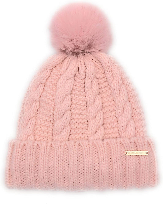 Michael Michael Kors Women`s Cable Knit Teddy Fleece Faux Fur Pom Pom Beanie Hat (P(539512C-650)/G, One Size)