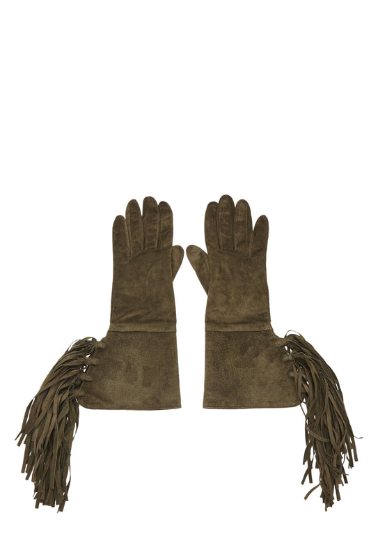 Chanel, Pre-Loved Green Suede Fringe Gloves, Green