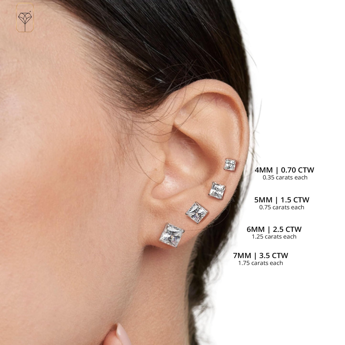 MAX + STONE 14k Yellow Gold Princess Cut CZ Earring for Women & Men | Cubic Zirconia Square Stud with Gold Earring Backs | 1.5 Carats total