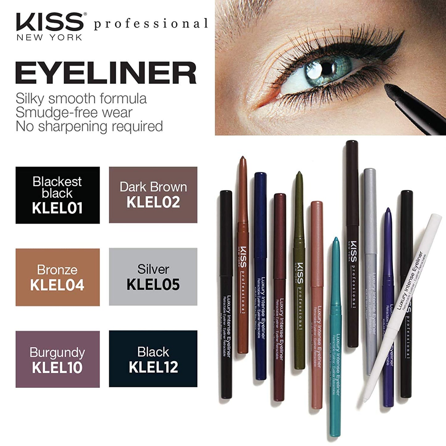 KISS New York Professional Retractable Eyeliner, Luxury Intense Highly Pigmented Eye Makeup, Long-Lasting, Water-Resistant, Smudge-Proof, Smooth Gliding (1 PACK, Blackest Black)
