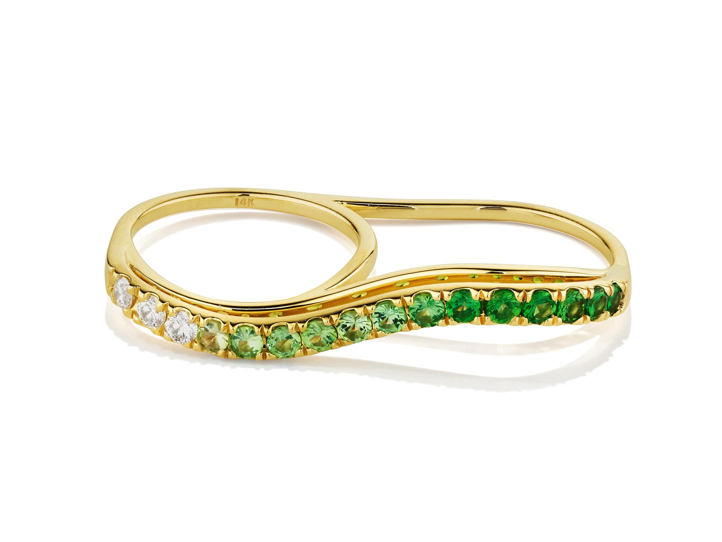 14K Diamond and Tsavorite Ombre Double Finger Wavy Ring, OS, Yellow Gold