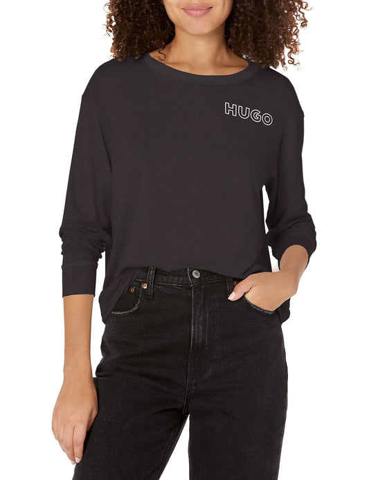 HUGO Boss Womens Outline Logo Relaxed Fit Long Sleeve Shirt, Black Oil, Medium US